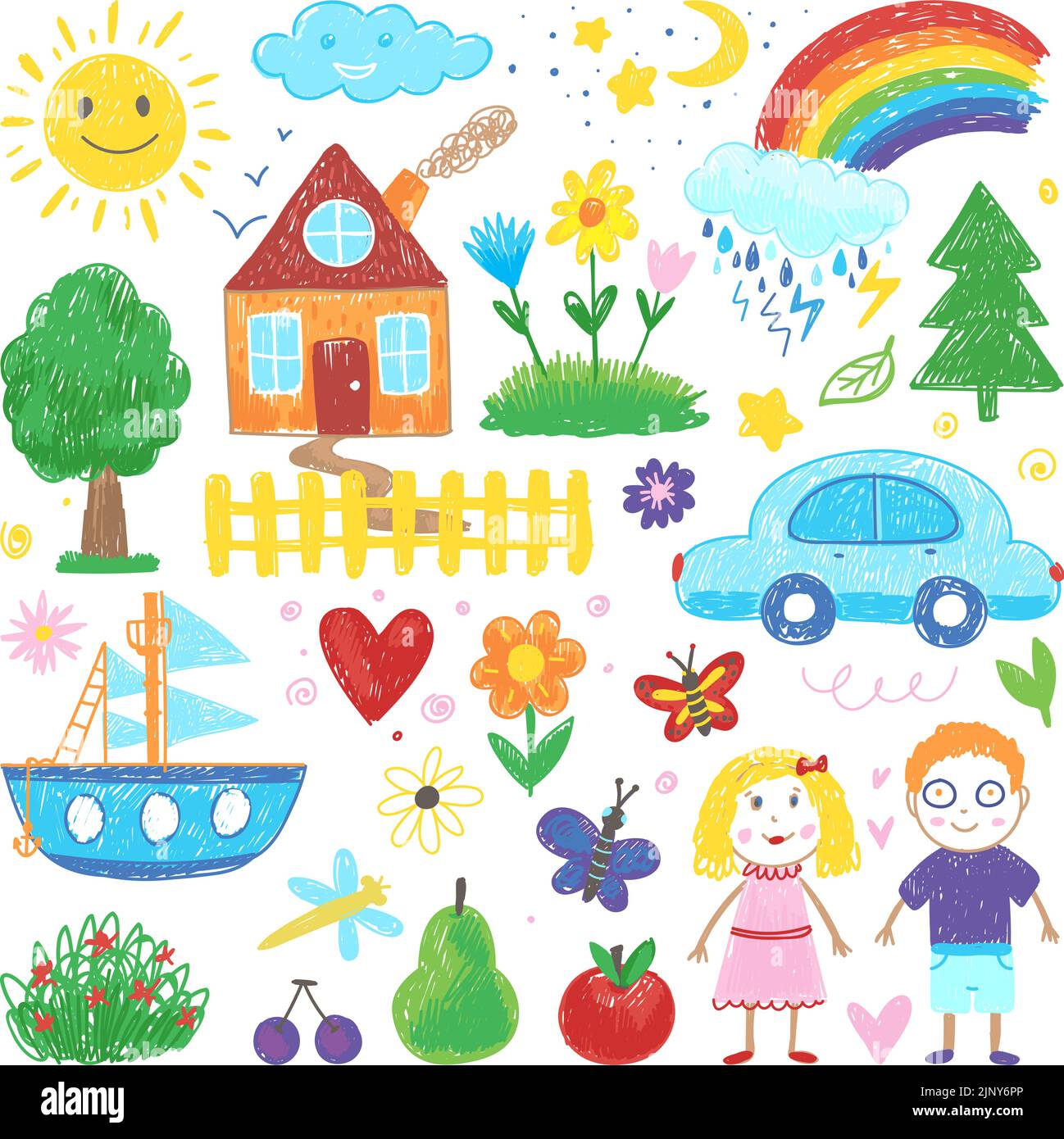 Dibujo de niños. Niño casa de pintura garabateando crayones, lápiz de color niño dibujar elementos. Flores, coche y barco arcoiris, frutas y sol sonriente neotérico Ilustración del Vector
