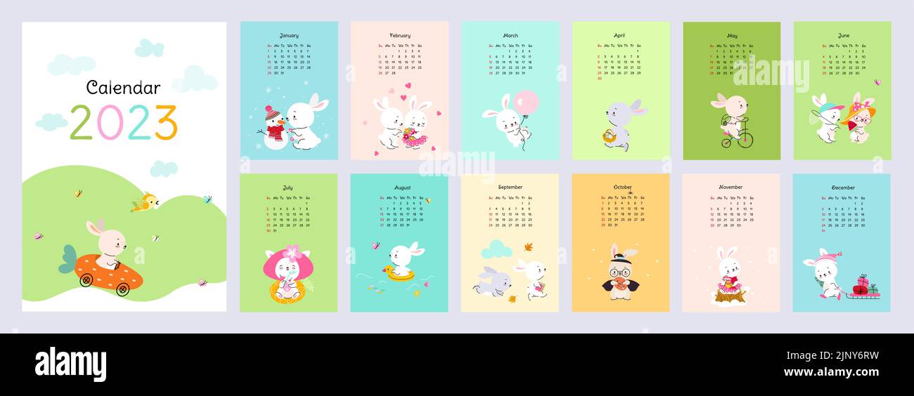 Calendario de pared 2023 con conejos lindos. Diseño estampado de animales, plantilla de páginas de 12 meses. Conejito en las estaciones, en el amor, con flores y Halloween Ilustración del Vector