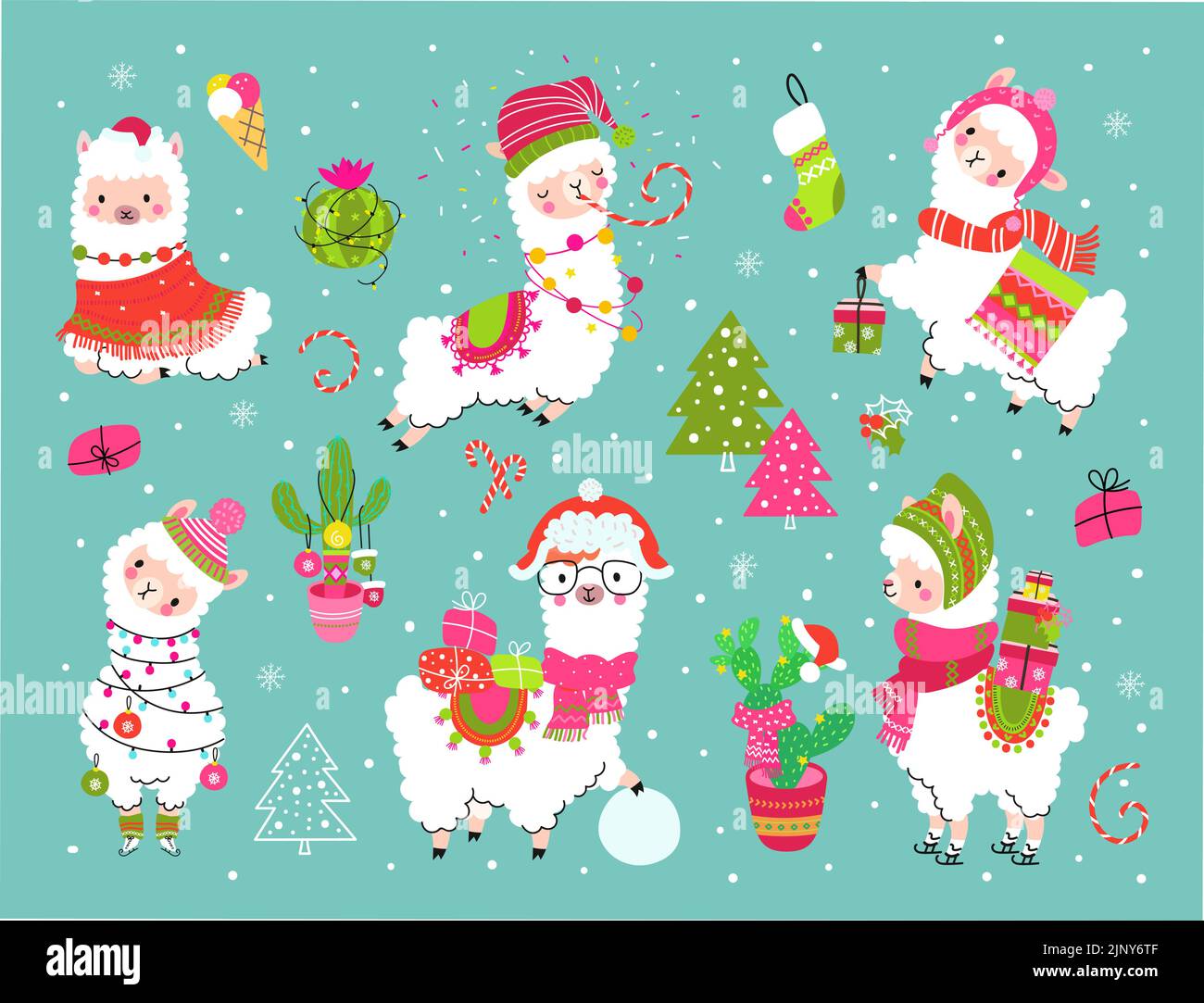 Alpaca de dibujos animados navideños con cactus y regalos. Divertidas llamas fiesta de Navidad, pegatinas de alpacas de vacaciones de año nuevo. Caracteres animales de invierno vector nowaday Ilustración del Vector