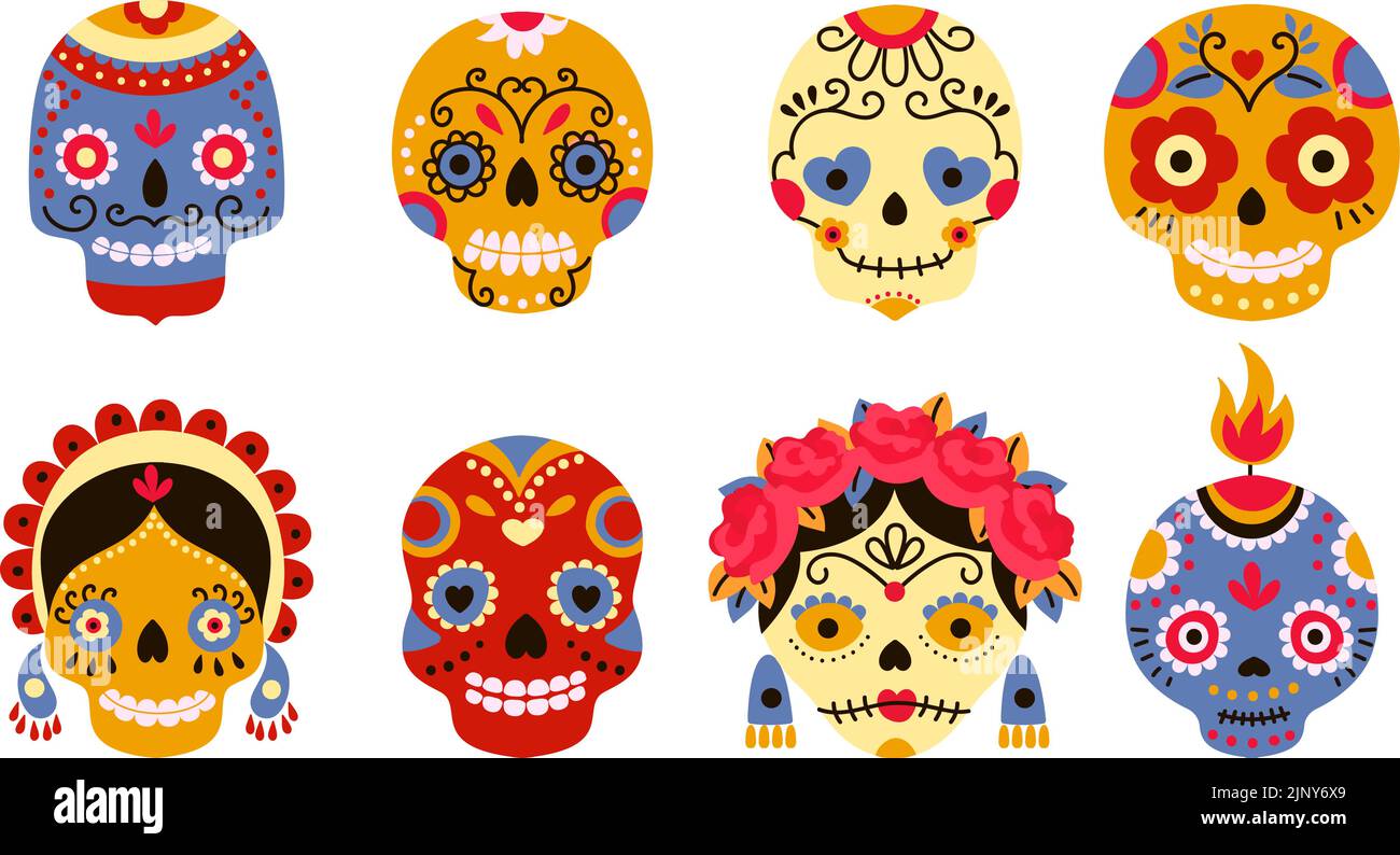 Calaveras de día muerto. Terrorífico cráneo dia de los muertos. Logotipo de tótem de dibujos animados de México en sombrero y guirnaldas de flores. El festival mexicano nowaday spooky vector Ilustración del Vector