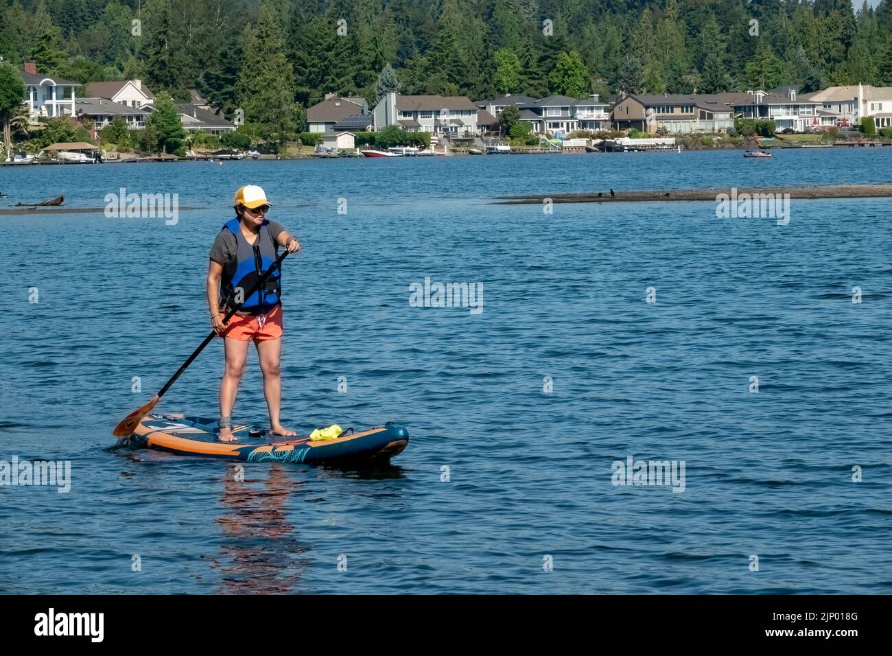 Issaquah, Washington, EE.UU. Mujer de pie a remo en el lago Sammamish. Foto de stock