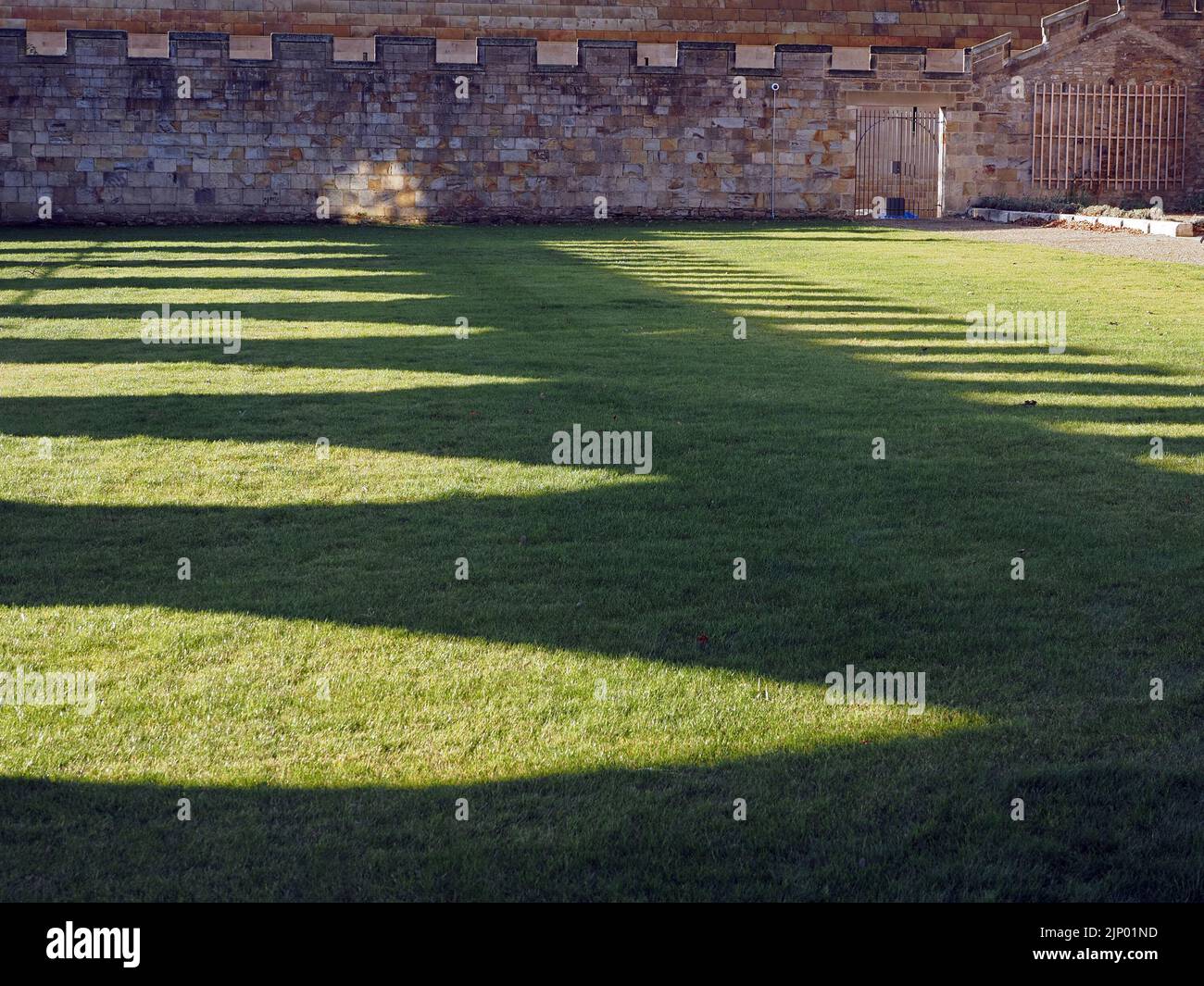 Patrón retraído de sombras largas proyectadas por arcos almenados sobre césped de Bishop's Palace, Bishop Auckland, County Durham, Inglaterra Reino Unido Foto de stock