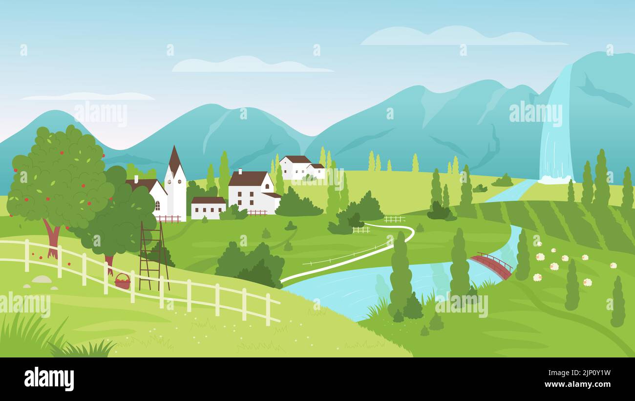 Campo verano tranquilo paisaje con campos, casas, río y montañas