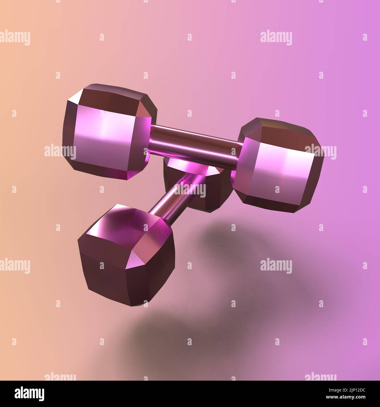 3D Dumbells de color rosa metálico Renderece sobre un fondo de degradado rosa Foto de stock