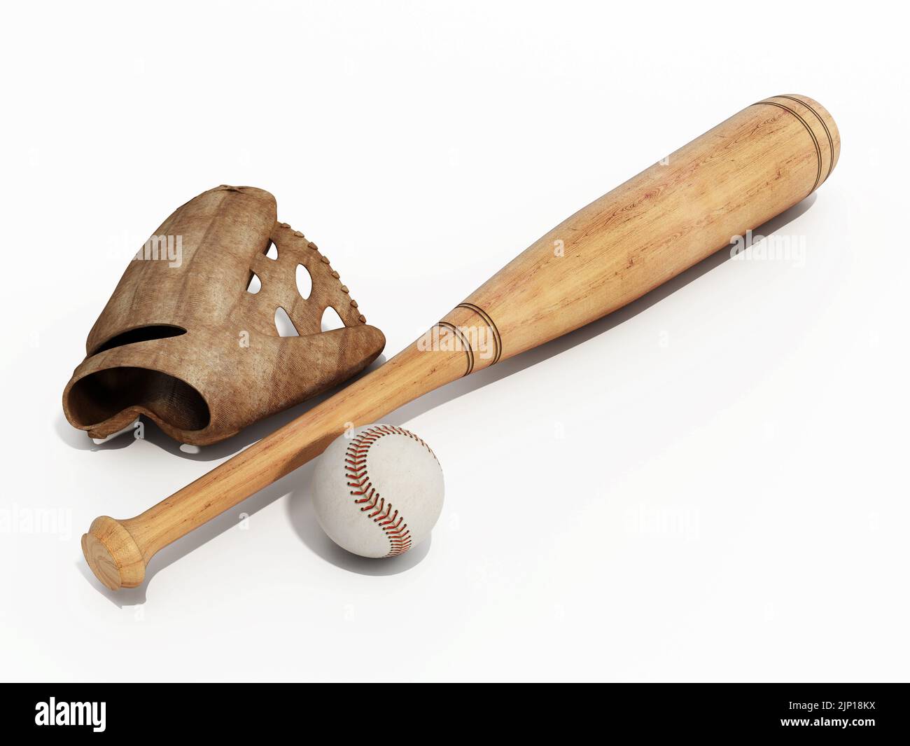 Bate de béisbol, pelota y guantes aislados sobre fondo blanco. Ilustración 3D. Foto de stock