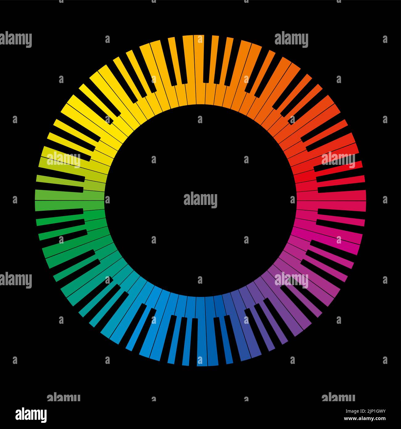 Colorido círculo de teclado musical, hecho de patrones de octava conectados. Marco construido a partir de las teclas en blanco y negro de un teclado de piano. Foto de stock