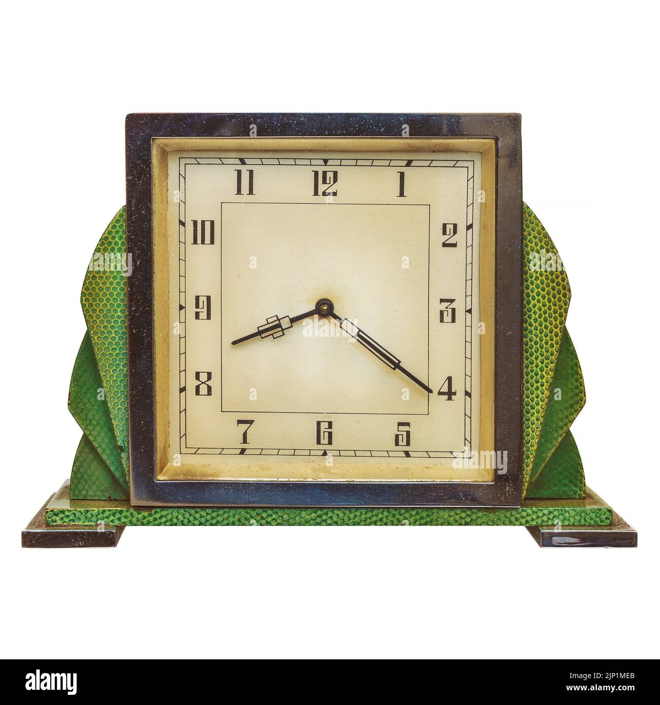 Reloj despertador estilo Art Decó clásico aislado sobre fondo blanco Foto de stock