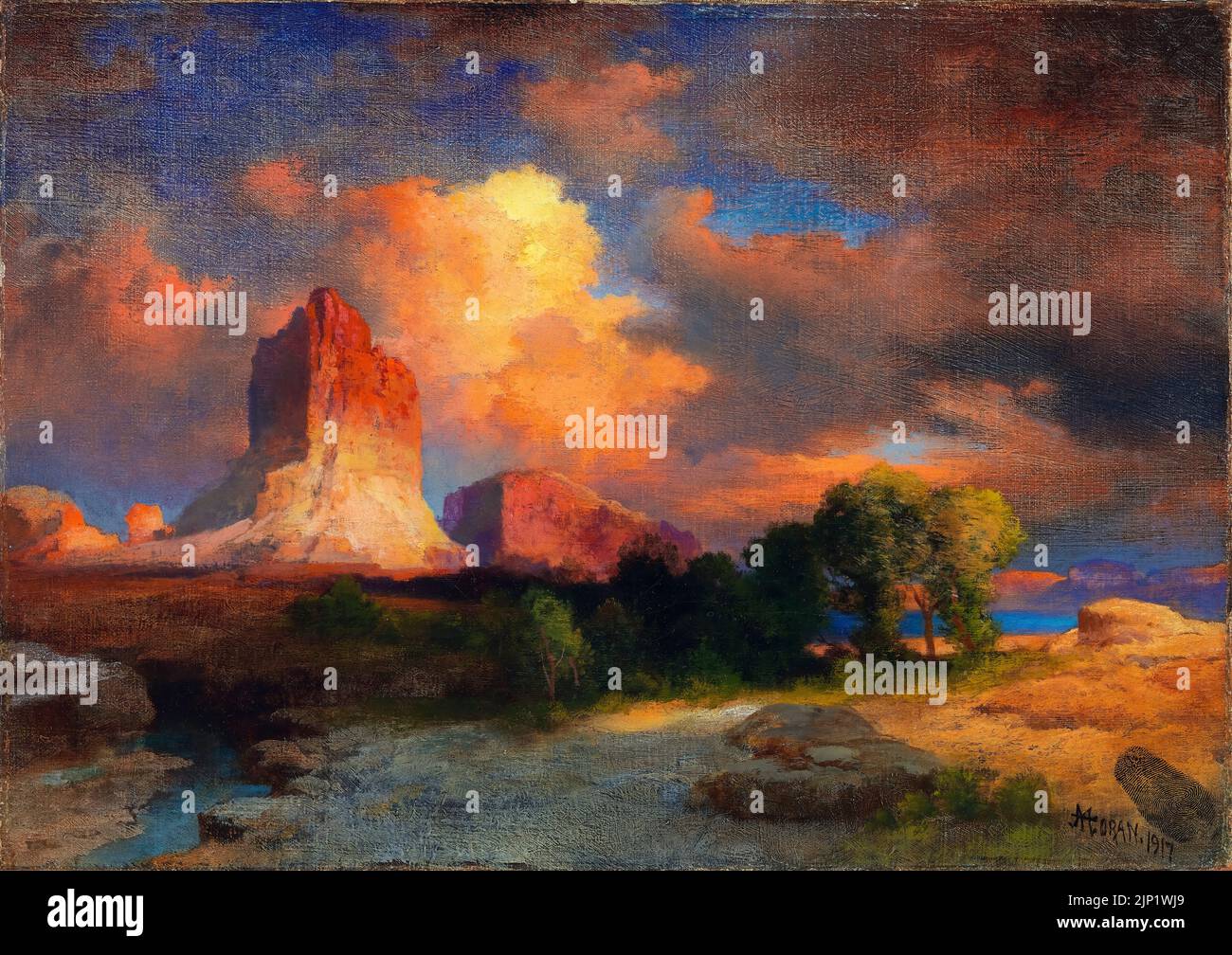 Thomas Moran, Sunset Cloud, Green River, Wyoming, pintura de paisajes al óleo sobre lienzo, 1917 Foto de stock