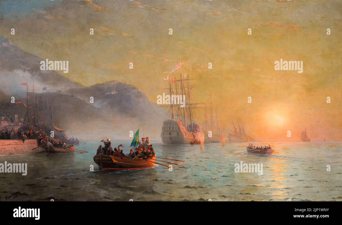 Adiós de Colón antes de comenzar su viaje desde Port Palos, España, pintando al óleo sobre lienzo de Ivan Aivazovsky, 1892 Foto de stock