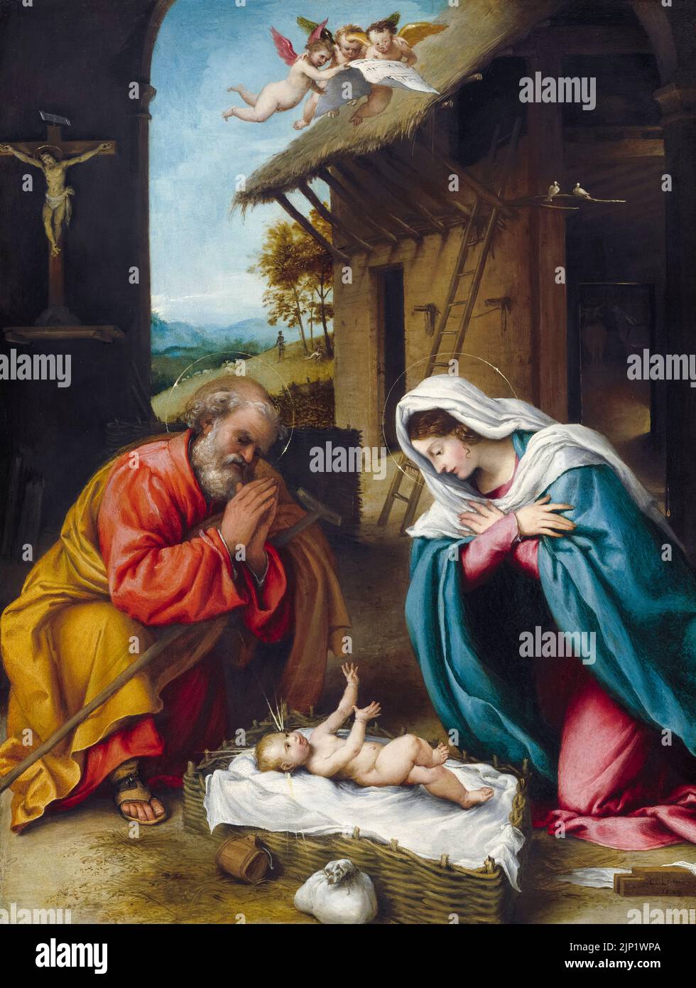 La Natividad, pintura al óleo sobre panel por Lorenzo Lotto, 1523 Foto de stock