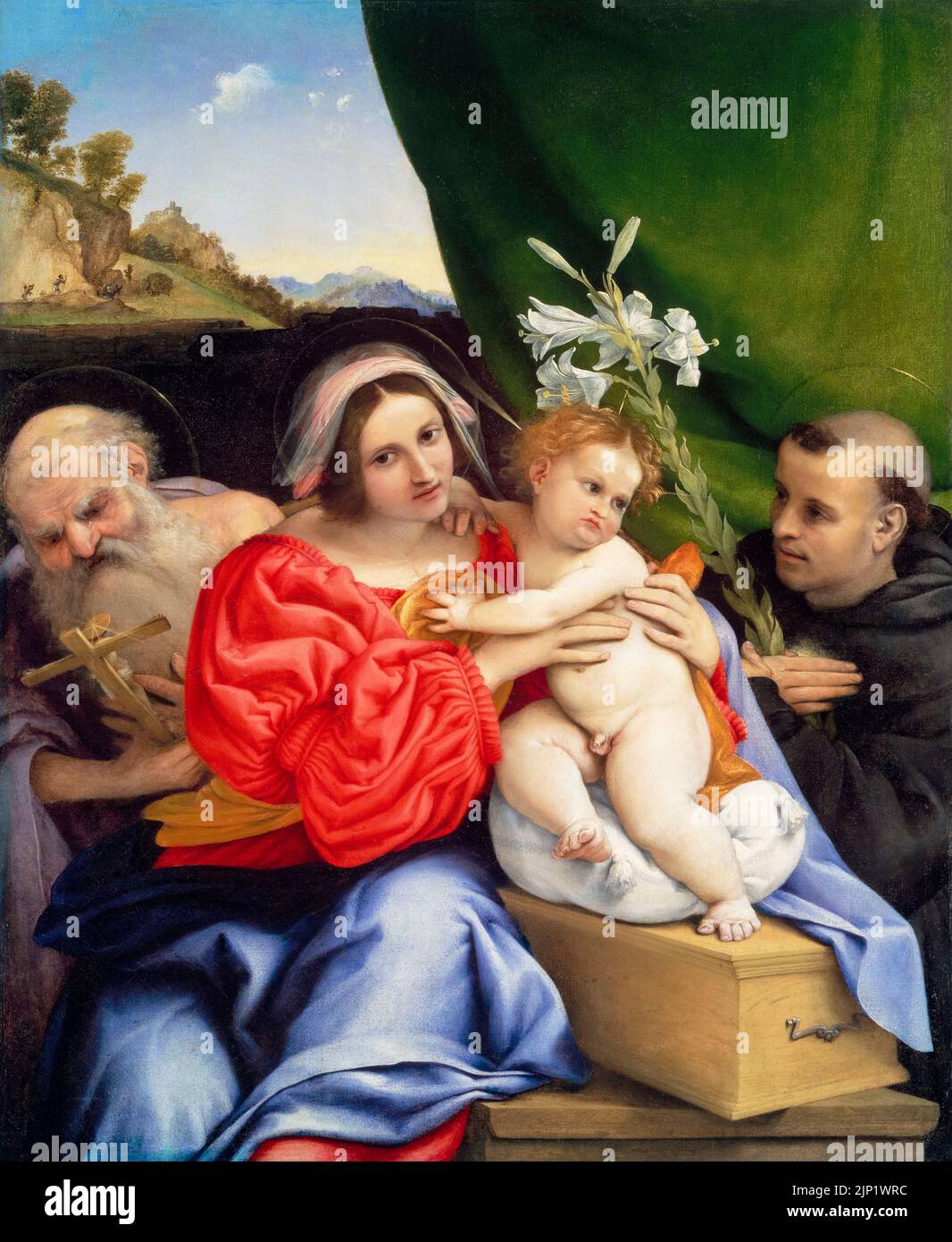 Virgen y Niño con Santos Jerónimo y Nicolás de Tolentino, pintando al óleo sobre lienzo de Lorenzo Lotto, 1522 Foto de stock