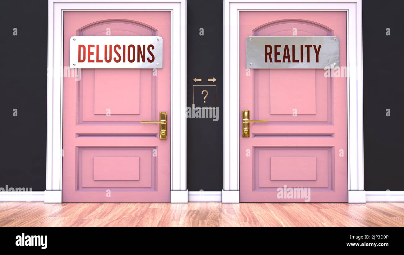 Delirios o realidad - tomar decisiones eligiendo cualquiera de las dos opciones. Dos alaternativos mostrados como puertas que conducen a diferentes resultados.,3D ilustración Foto de stock