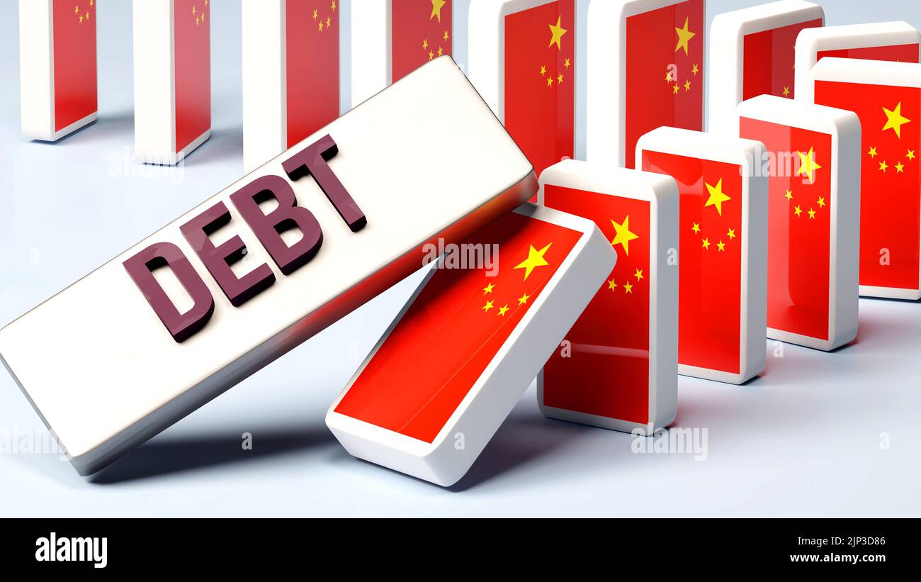 China y la deuda, causando un problema nacional y una economía en caída. La deuda como fuerza impulsora de la posible caída de China.,3D ilustración Foto de stock