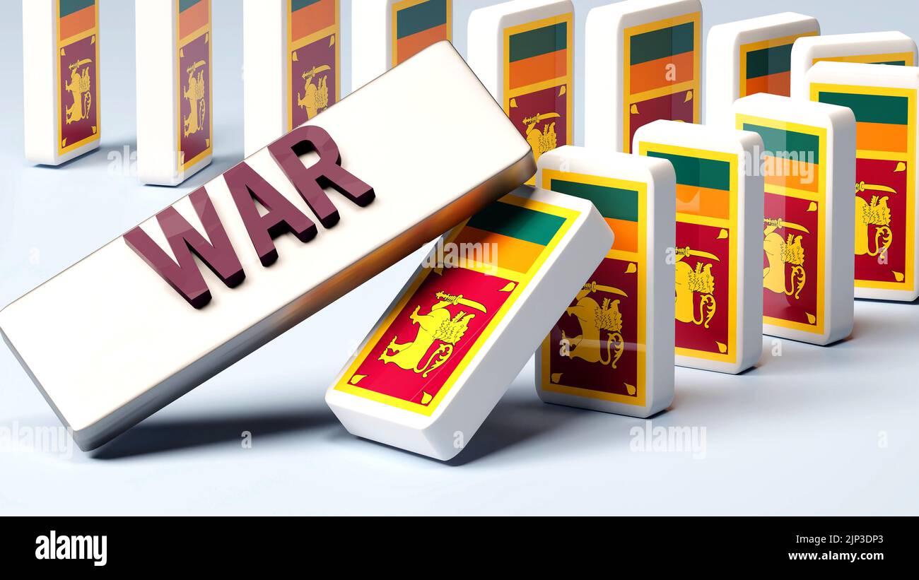Sri Lanka y la guerra, causando un problema nacional y una economía decreciente. La guerra como fuerza motriz en el posible declive de Sri Lanka.,3D ilustración Foto de stock