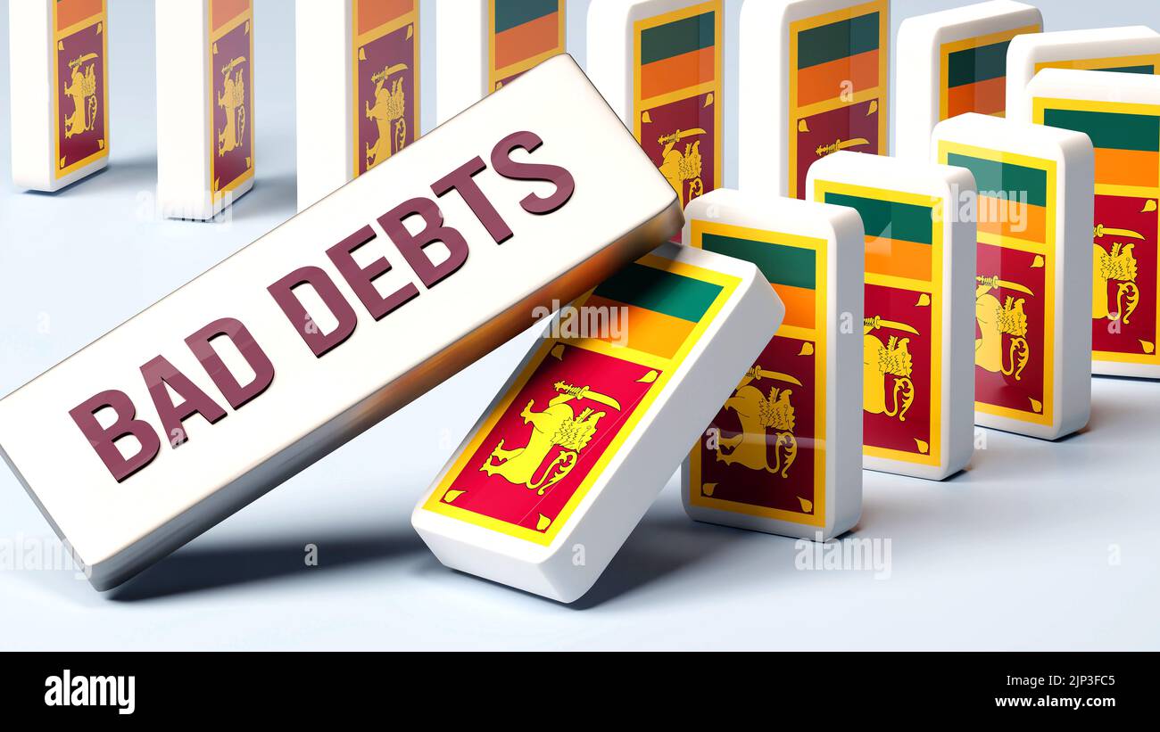 Sri Lanka y las deudas incobrables, causando un problema nacional y una economía en caída. Las deudas incobrables como fuerza impulsora de la posible caída de Sri Lanka.,3D illus Foto de stock