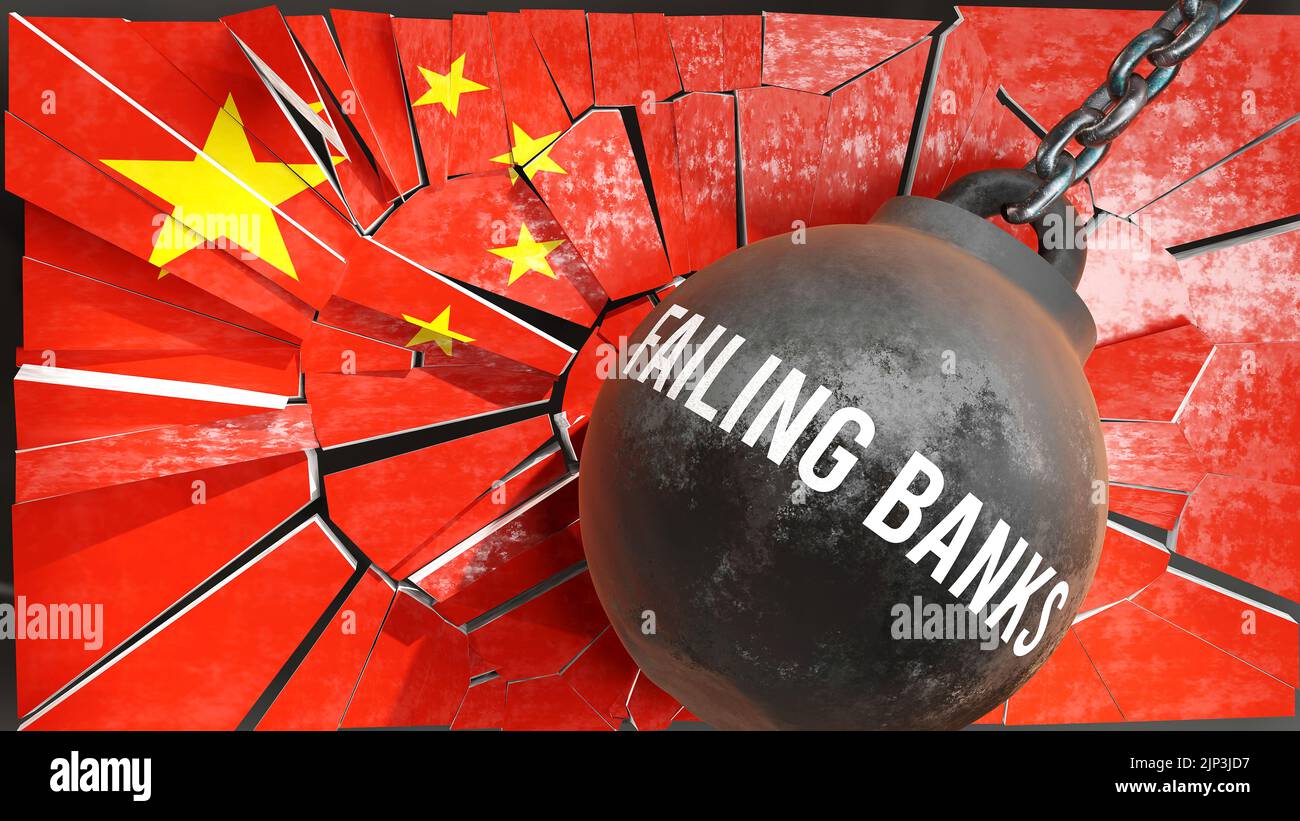 China y los bancos en quiebra que destruyen el país y arruinan la economía. Bancos en quiebra como una fuerza que causa posible futuro declive de la nación,3D il Foto de stock