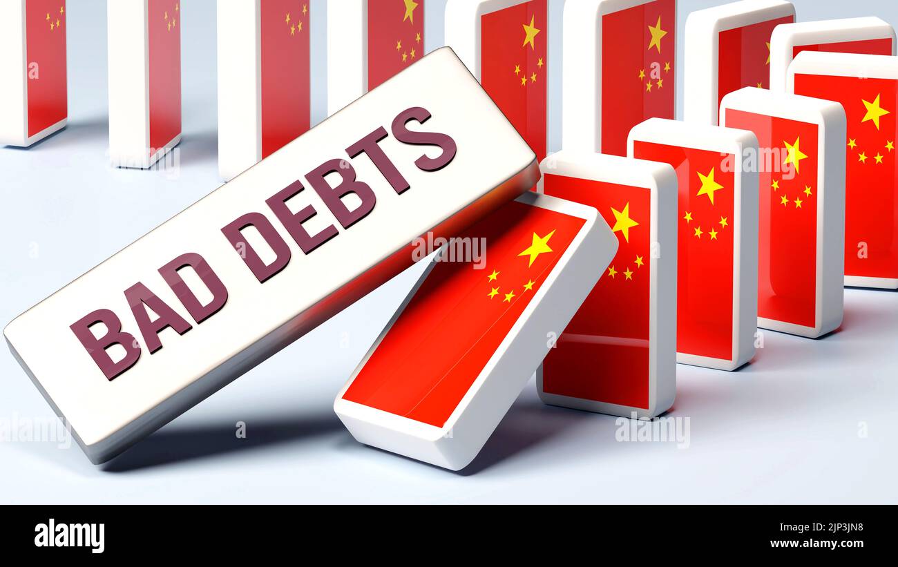 China y las deudas incobrables, causando un problema nacional y una economía en caída. Las deudas incobrables como fuerza impulsora de la posible caída de China.,3D ilustración Foto de stock
