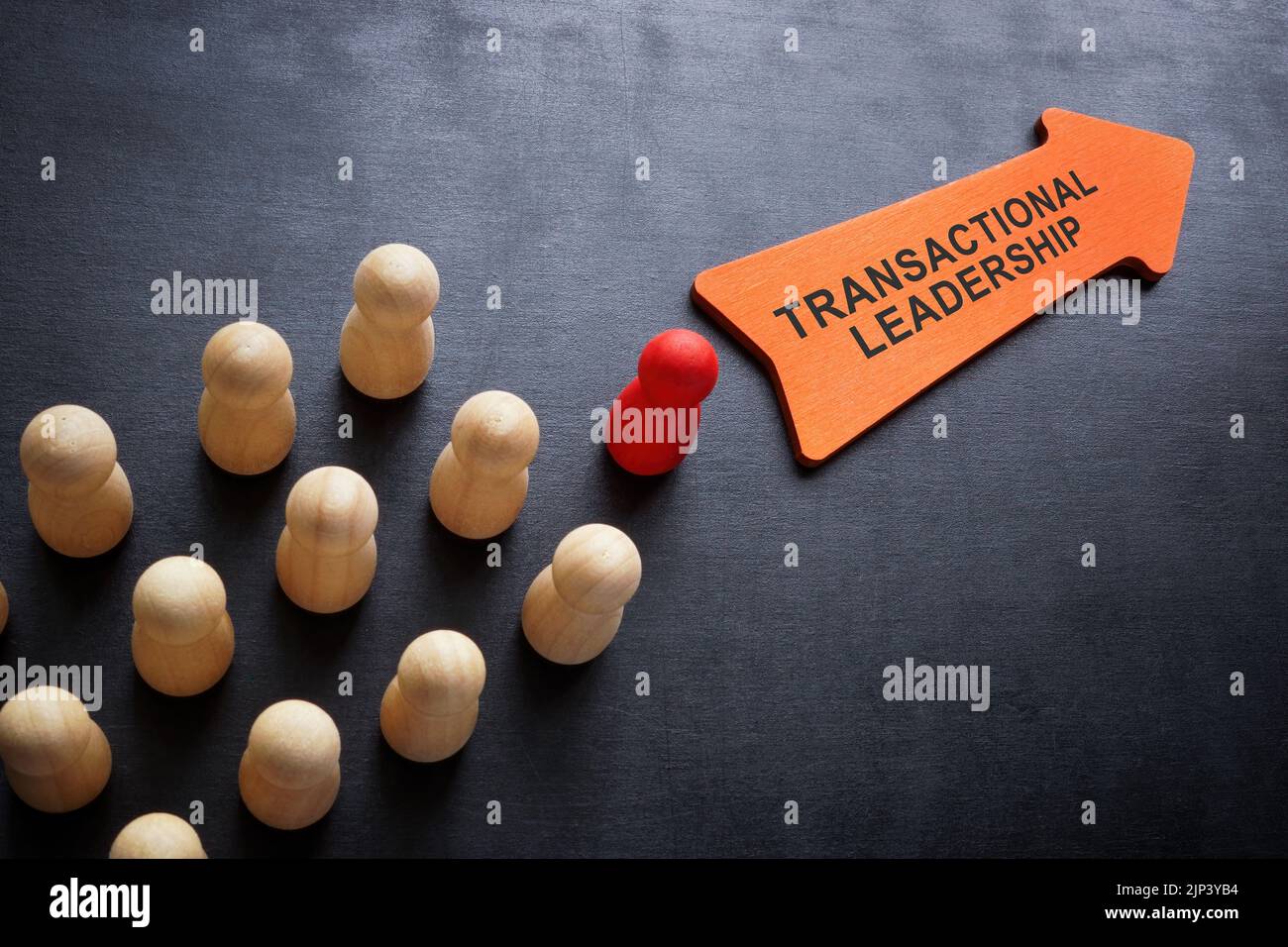 Figurillas y flecha con el signo de liderazgo transaccional. Foto de stock