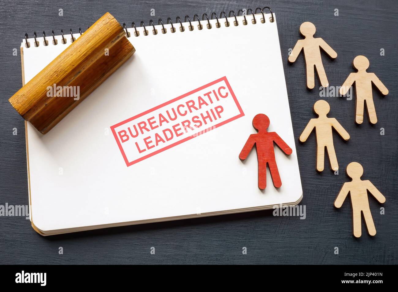 Estampar el liderazgo burocrático en la página, y las figurillas. Foto de stock