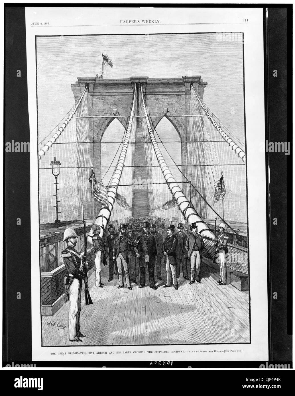 El Gran Puente - el Presidente Arthur y su partido cruzando la carretera suspendida - dibujado por Schell y Hogan. Foto de stock