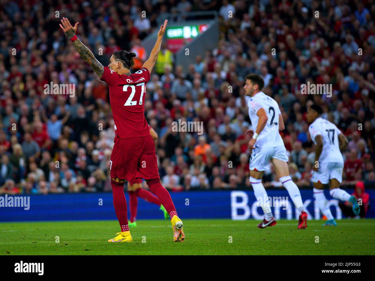 Darwin Nunez del Liverpool pide un incidente de balón mano durante el partido de la Premier League en Anfield, Liverpool. Fecha de la foto: Lunes 15 de agosto de 2022. Foto de stock