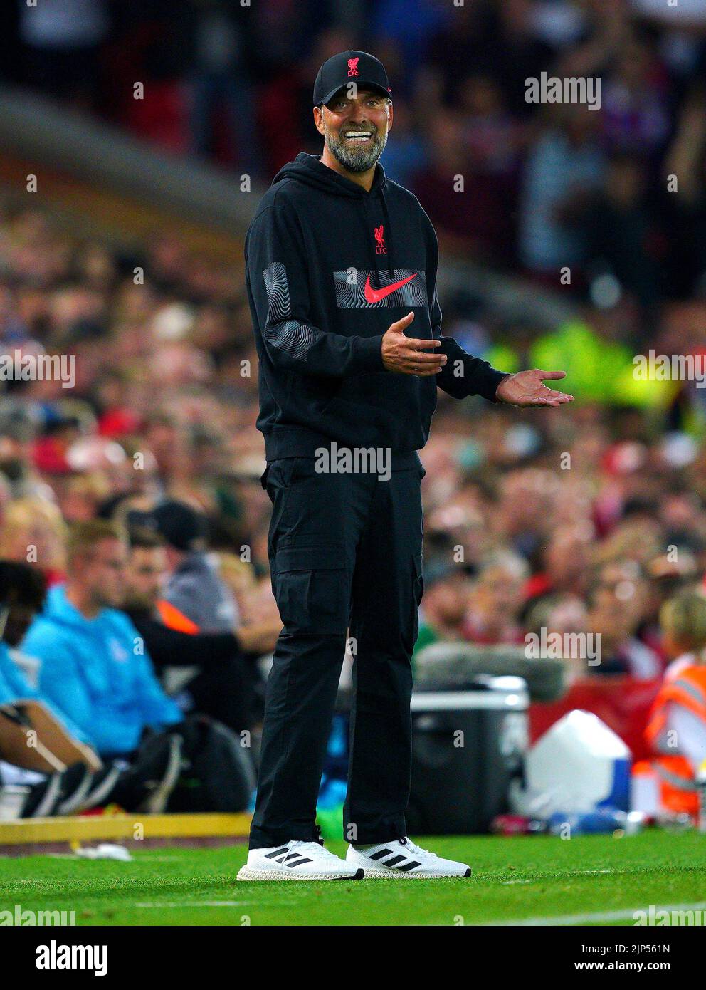 El entrenador del Liverpool, Jurgen Klopp, se muestra en la línea de contacto durante el partido de la Premier League en Anfield, Liverpool. Fecha de la foto: Lunes 15 de agosto de 2022. Foto de stock