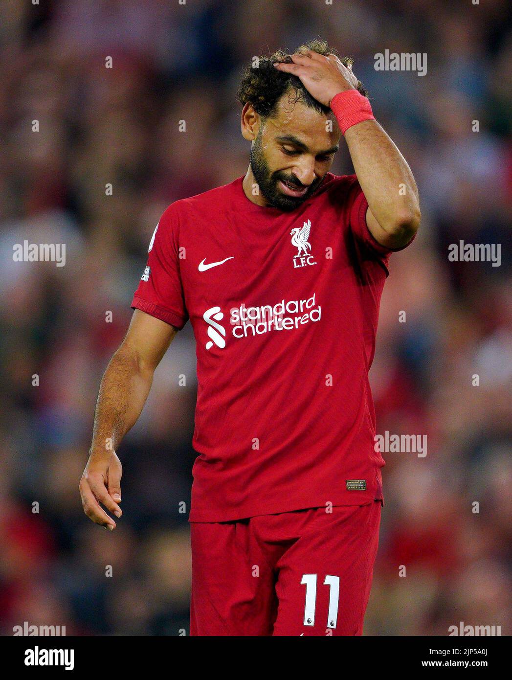 Mohamed Salah, del Liverpool, parece desalentado durante el partido de la Premier League en Anfield, Liverpool. Fecha de la foto: Lunes 15 de agosto de 2022. Foto de stock