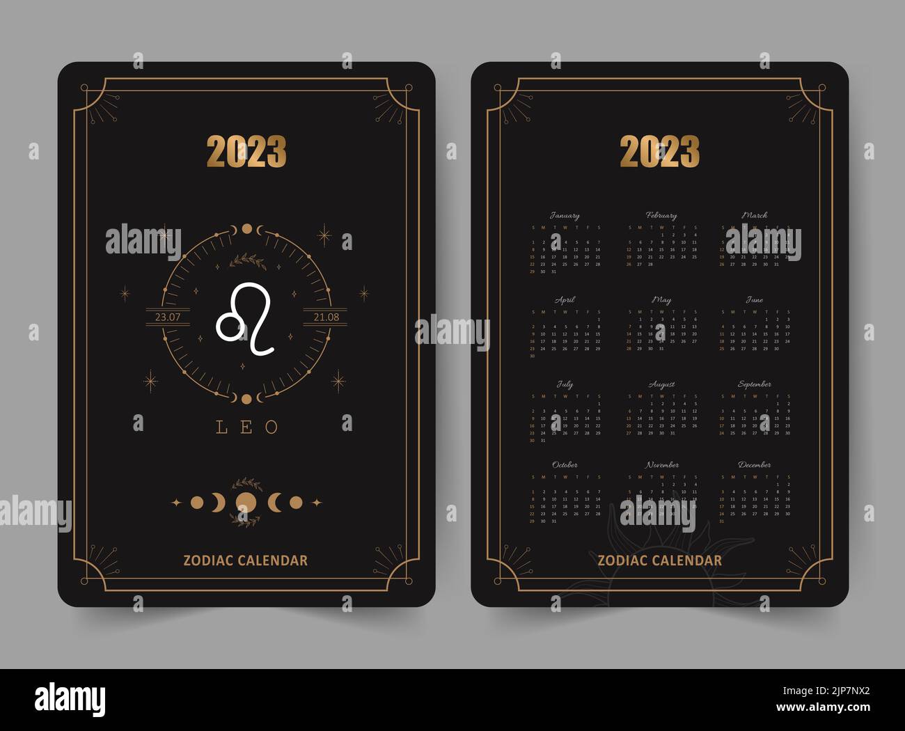 Calendario Zodiaco leo 2023. Tamaño de bolsillo. Parte delantera y trasera. La semana comienza 