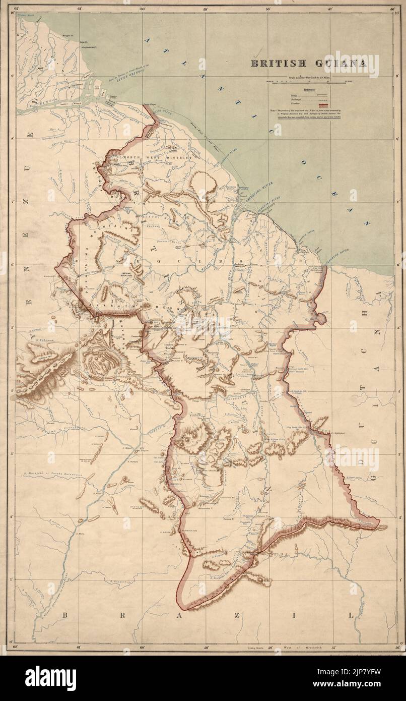 Mapa de la época 1908 de la Guayana Británica (ahora Guyana) en América del Sur Foto de stock