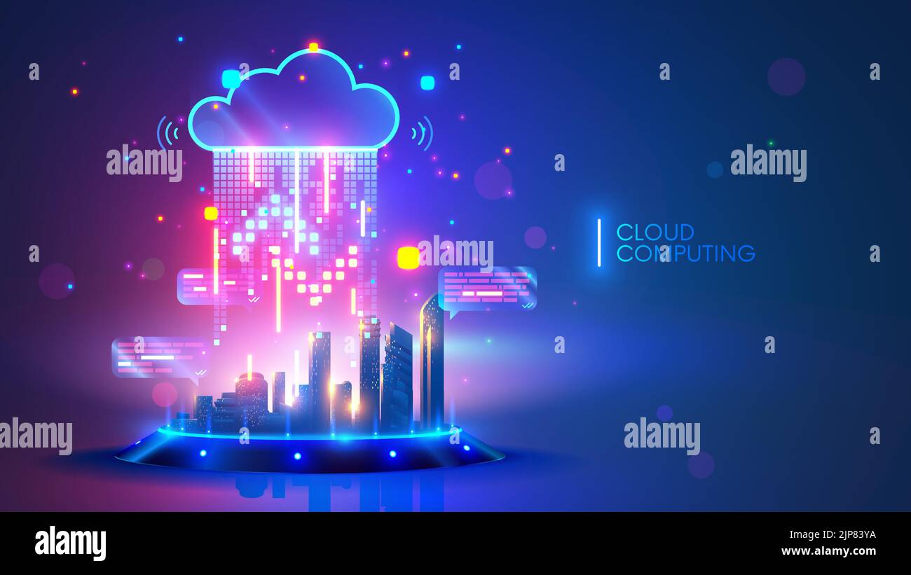 Concepto de cloud computing. Comunicación inalámbrica a Internet de ciudad inteligente con almacenamiento en la nube y servicios en la nube. Descargar y cargar datos en el servidor. Nube digital Ilustración del Vector