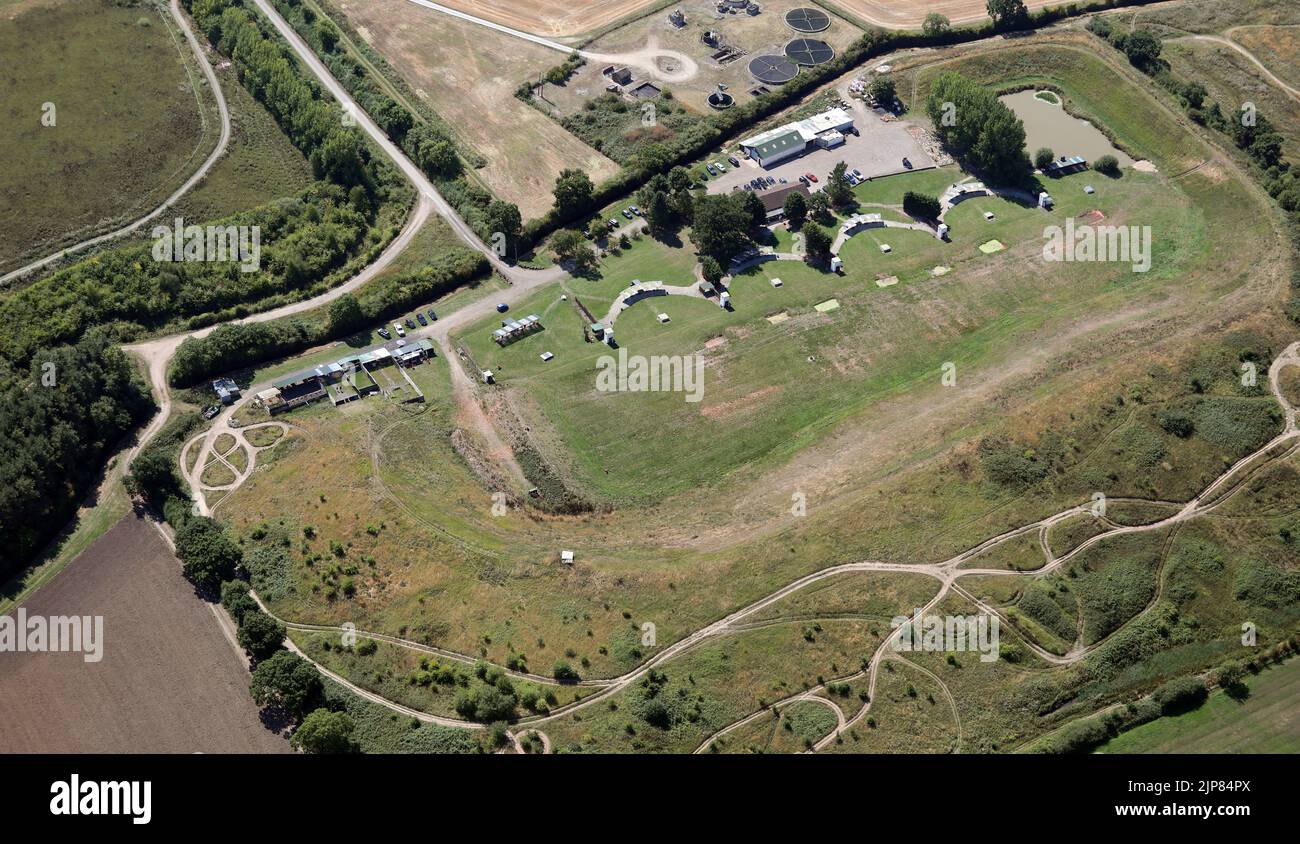 Vista aérea del centro Clay Target del norte de Inglaterra, un campo de tiro en Rufforth cerca de York, Reino Unido Foto de stock