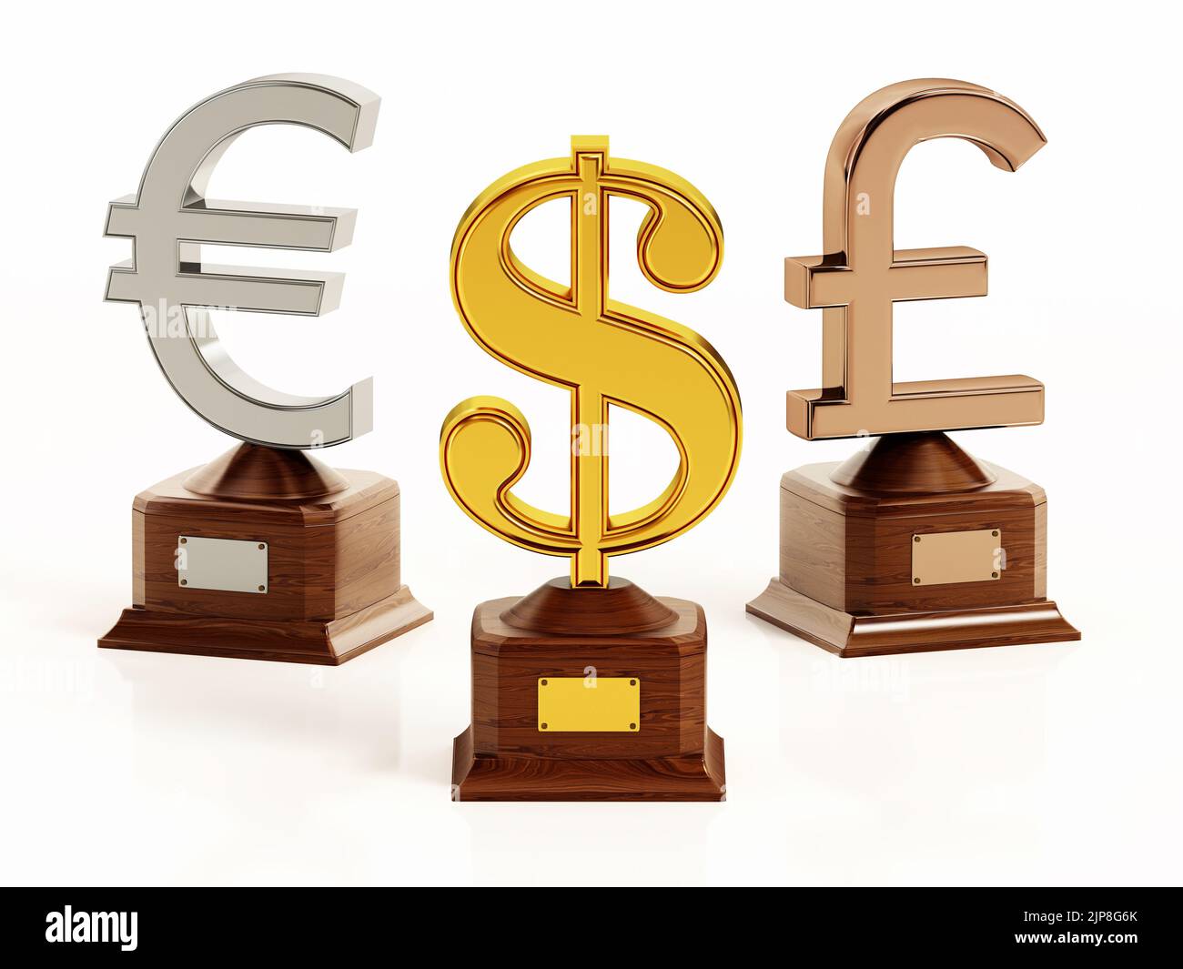 Símbolos de oro, plata y bronce del dólar, del euro y de la libra sobre bases de madera. Ilustración 3D. Foto de stock