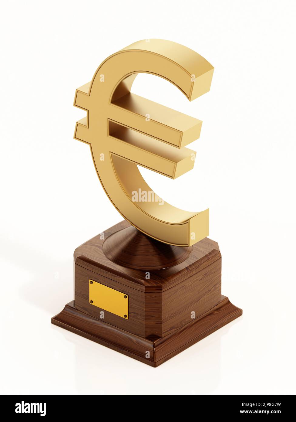 Símbolo europeo de oro sobre base de madera aislada sobre fondo blanco. Ilustración 3D. Foto de stock
