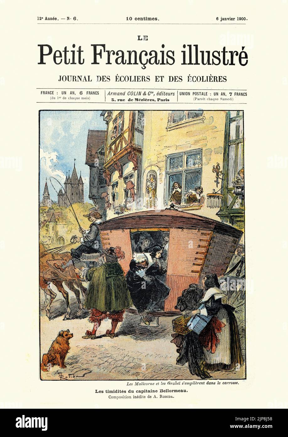 Ilustración del libro 'Le Capitaine Bellormeau', de Robida. Los Malicornes y los Grabels se amontonan en el carruaje. Les Foto de stock