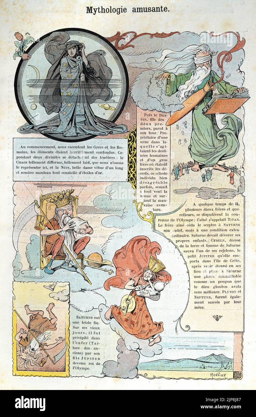 Vintage francés de dibujos animados, divertida mitología, Lady night, Blind Fate, Saturno, Cibeles, Júpiter Foto de stock