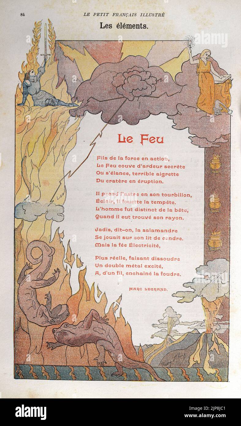 Ilustración vintage poema francés, Le Feu, fuego, salamandras, volcán, caballero, bruja, fantasía Foto de stock