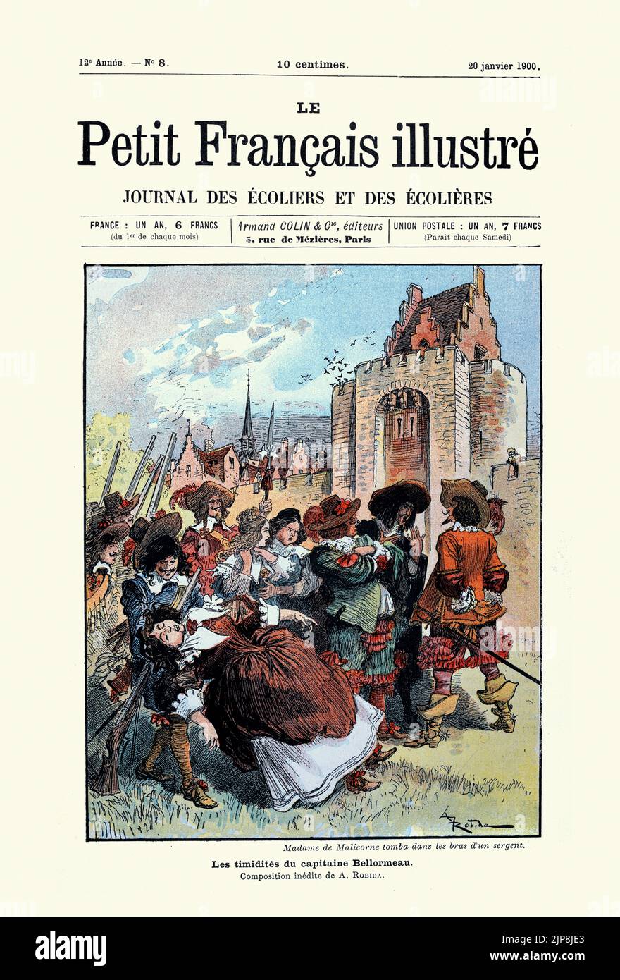 Ilustración de la historia 'Le Capitaine Bellormeau', de Robida. Madame de Malicorne tomba dans les bras d'un sergent Foto de stock