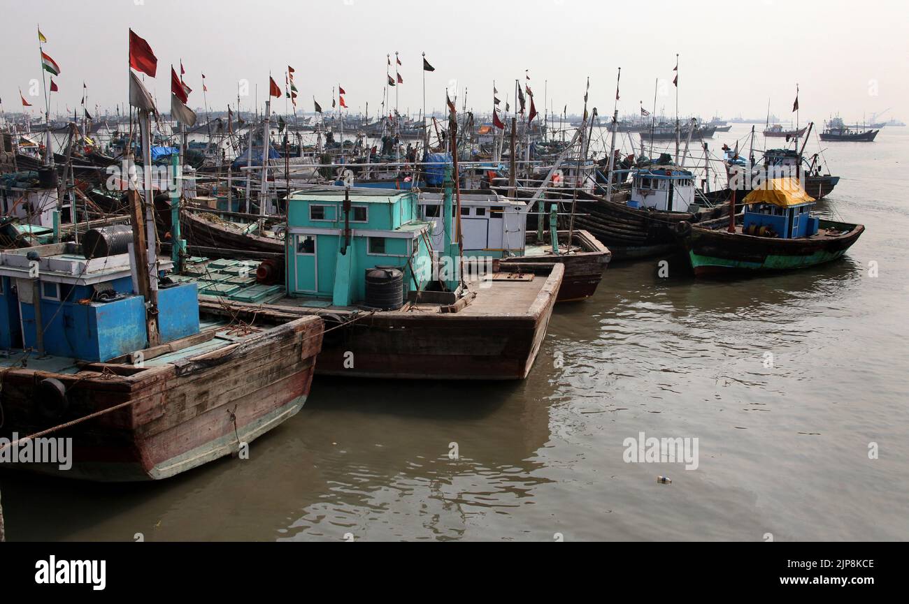 Barcos de pesca, Ferry Wharf, Bhucha Dhakka, Mazgaon, Mumbai, India el 2 de febrero de 2013 Foto de stock