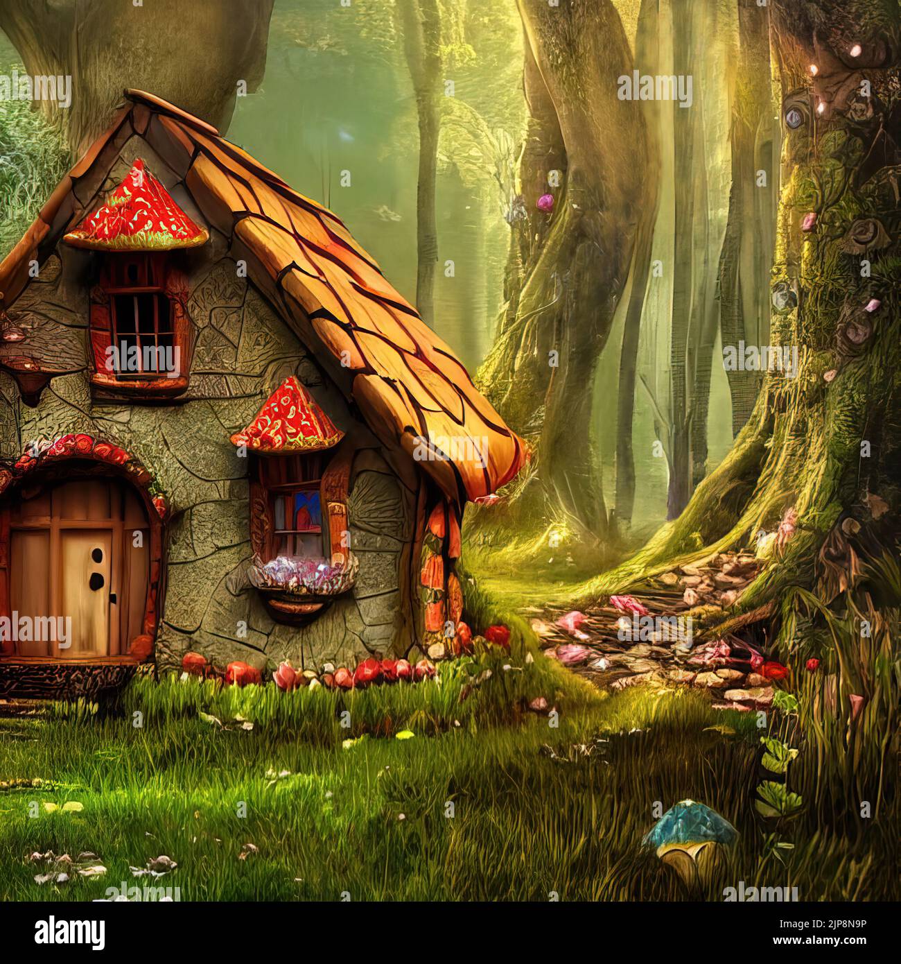 3d renderizado de cuento de hadas pequeña cabaña en el bosque mágico Foto de stock