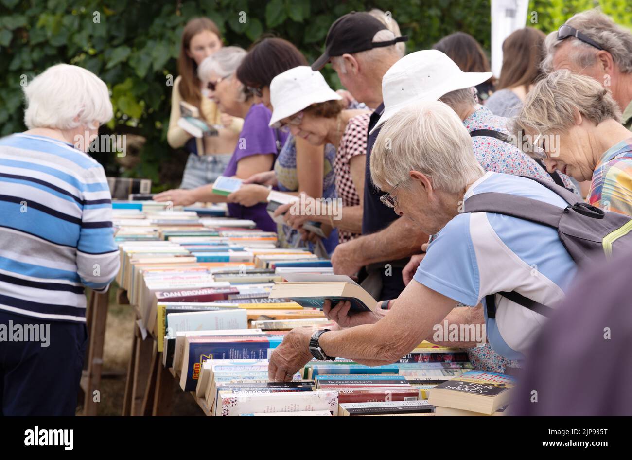 Personas mayores que compran libros de segunda mano en un puesto de libros de segunda mano, la fiesta anual del pueblo, Burton Bradstock Village, Dorset Reino Unido Foto de stock