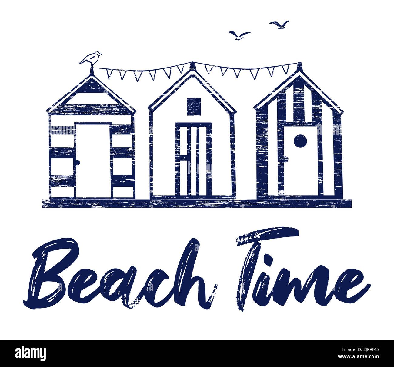 Ilustración gráfica de tres cabañas de playa con el título 'Tiempo de playa' sobre fondo blanco Foto de stock