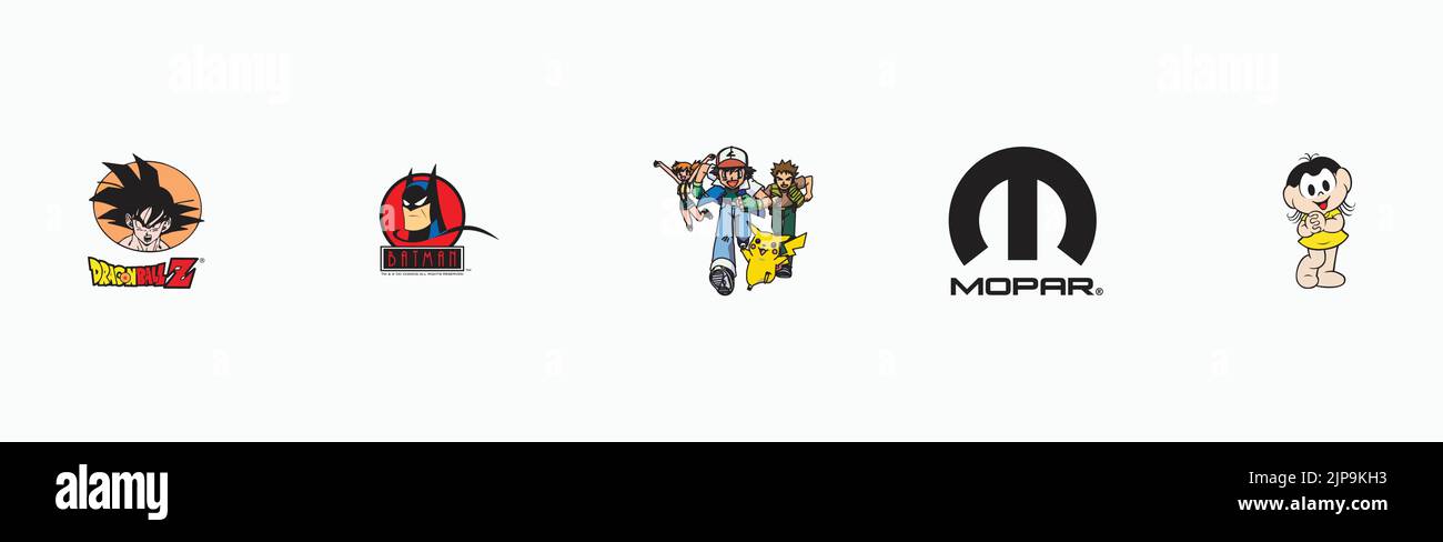 Logotipo de Magali, logotipo de Batman, logotipo de MOPAR, logotipo de Pokemon, logotipo de Dragon Ball Z, conjunto de logotipos populares impresos en papel. Ilustración del Vector
