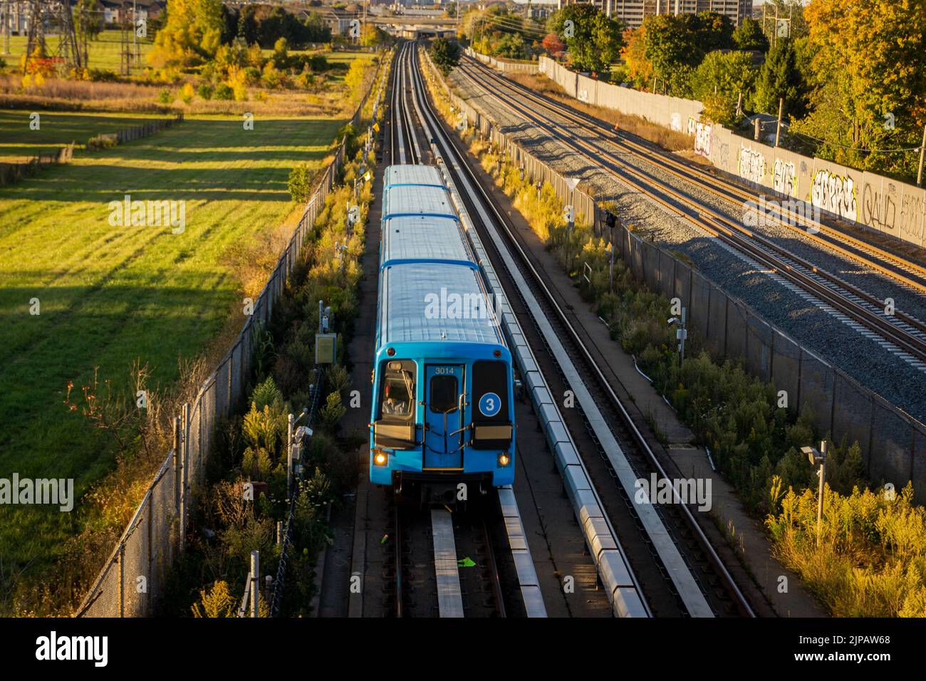 Tren de sistema rápido azul que pasa a través de los campos de Scarborough, Ontario, Canadá Foto de stock