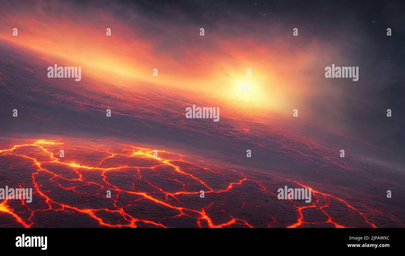 3d representación de la fantasía caliente lava planeta con magma líquido Foto de stock