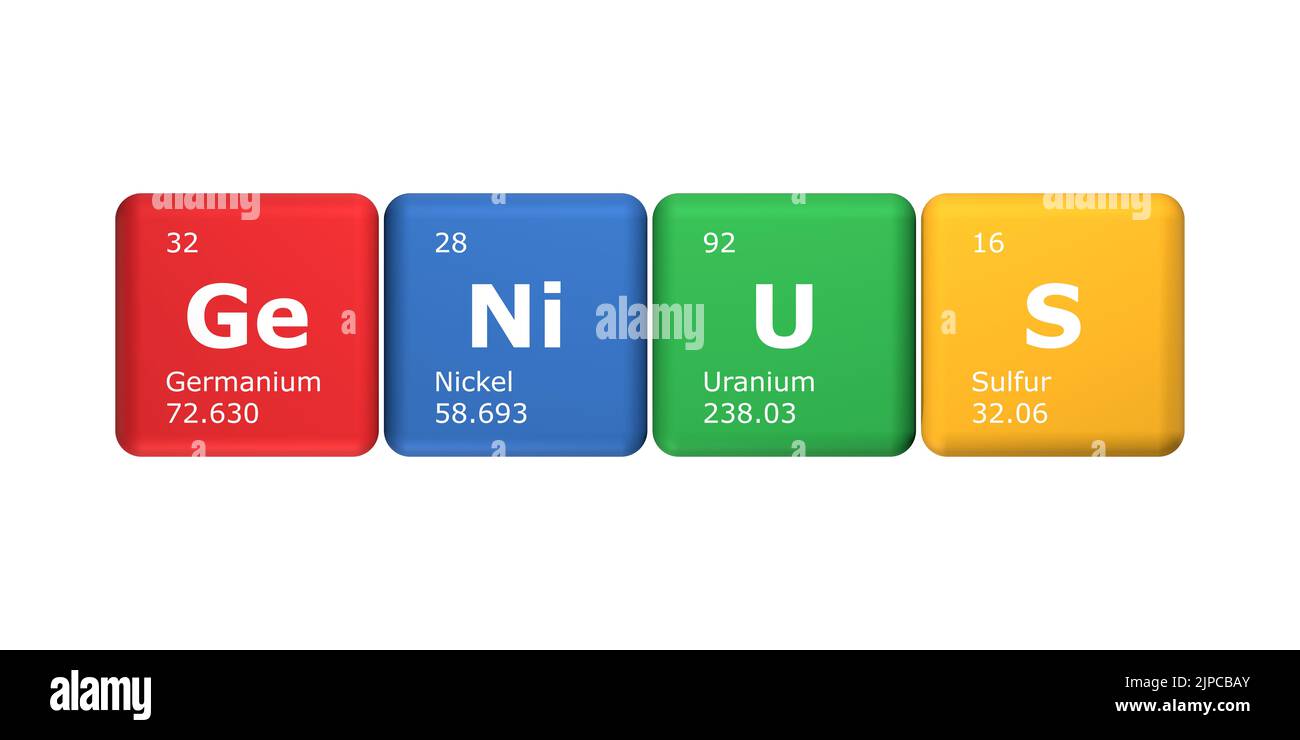 3D Renderización de cubos de los elementos de la tabla periódica, germanio, níquel, uranio y azufre formando la palabra genio. Ciencia, tecnología y en Foto de stock