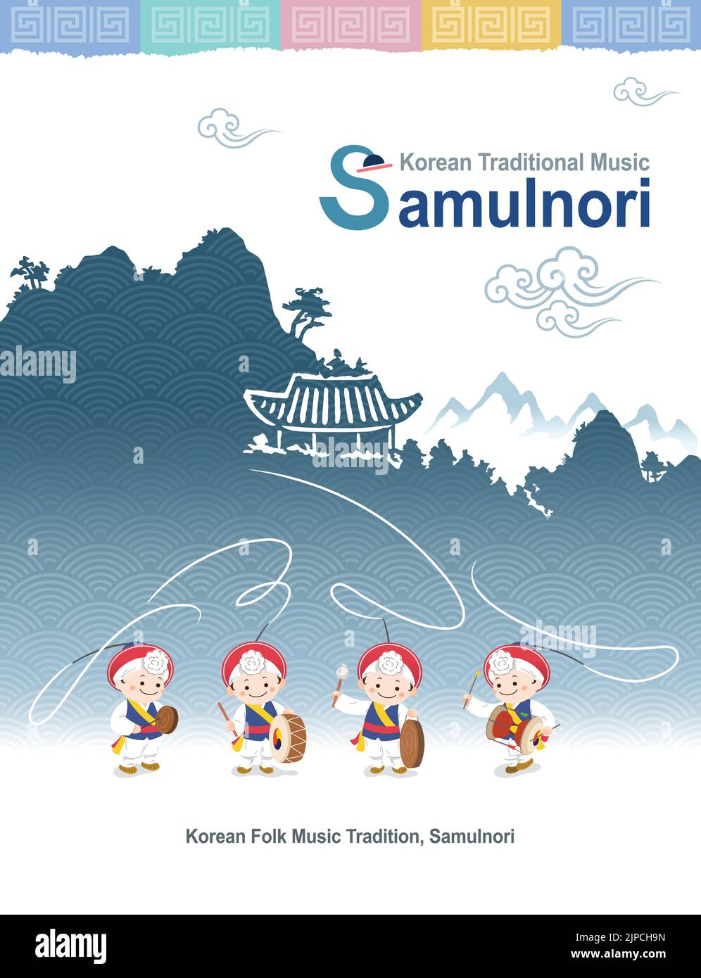 Hermosa cultura tradicional coreana. Gente realizando danza folklórica tradicional Samulnori o Pungmul. Ilustración de vector de paisaje de montaña coreano. Ilustración del Vector
