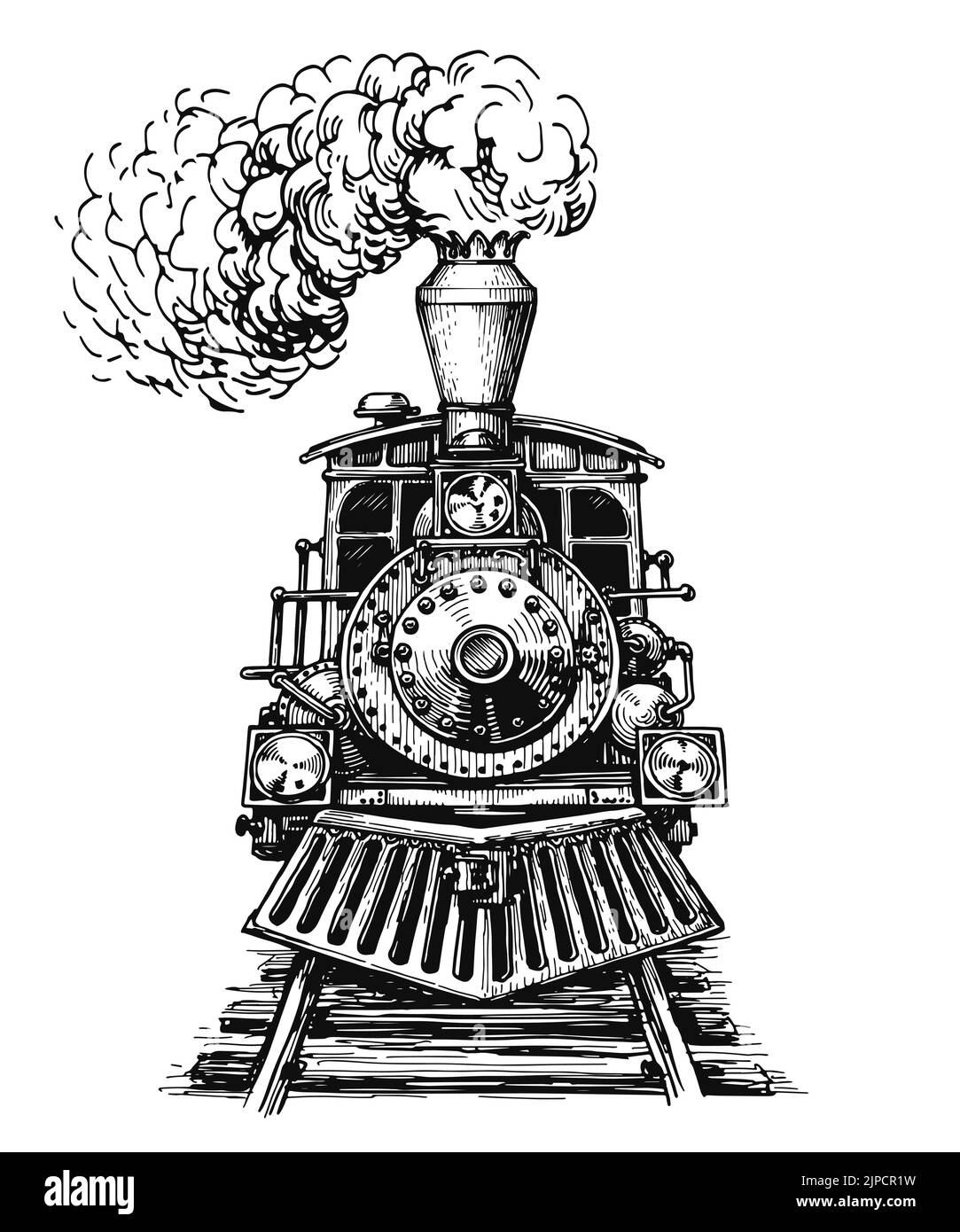 Antigua locomotora o tren en ferrocarril. Transporte retro. Ilustración vectorial de croquis dibujada a mano en estilo de grabado vintage Ilustración del Vector