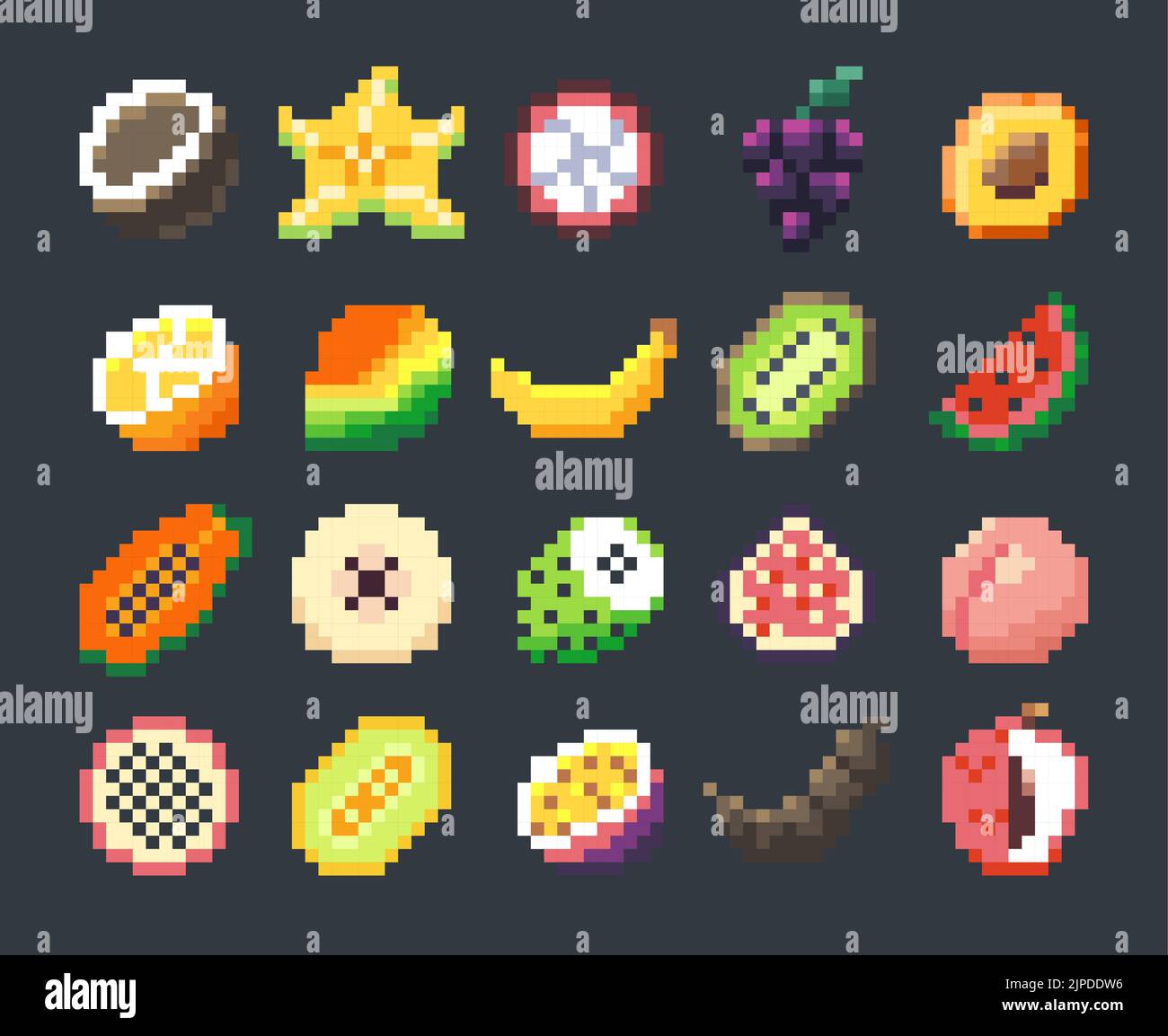 Pixel frutas exóticas. Dibujos animados iconos de frutas estilizadas para juegos en 2D, juego gráfico de sprite de 8 bits activo, juego y desarrollo de aplicaciones móviles. Conjunto de vectores Ilustración del Vector