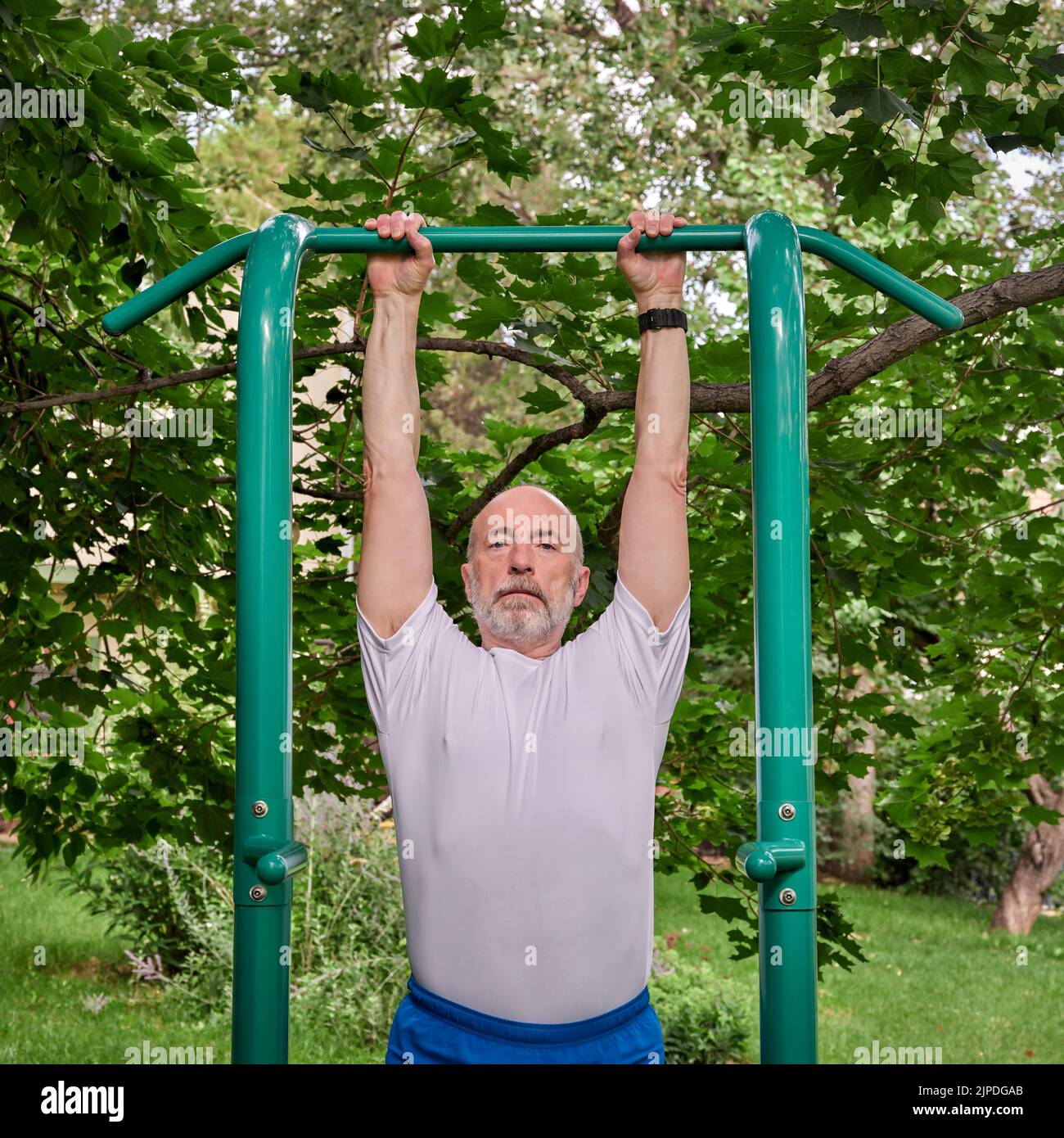 Hombre mayor haciendo ejercicio (barra colgando y tiradores) en la torre de fitness al aire libre en un patio trasero, en verano en Colorado Foto de stock