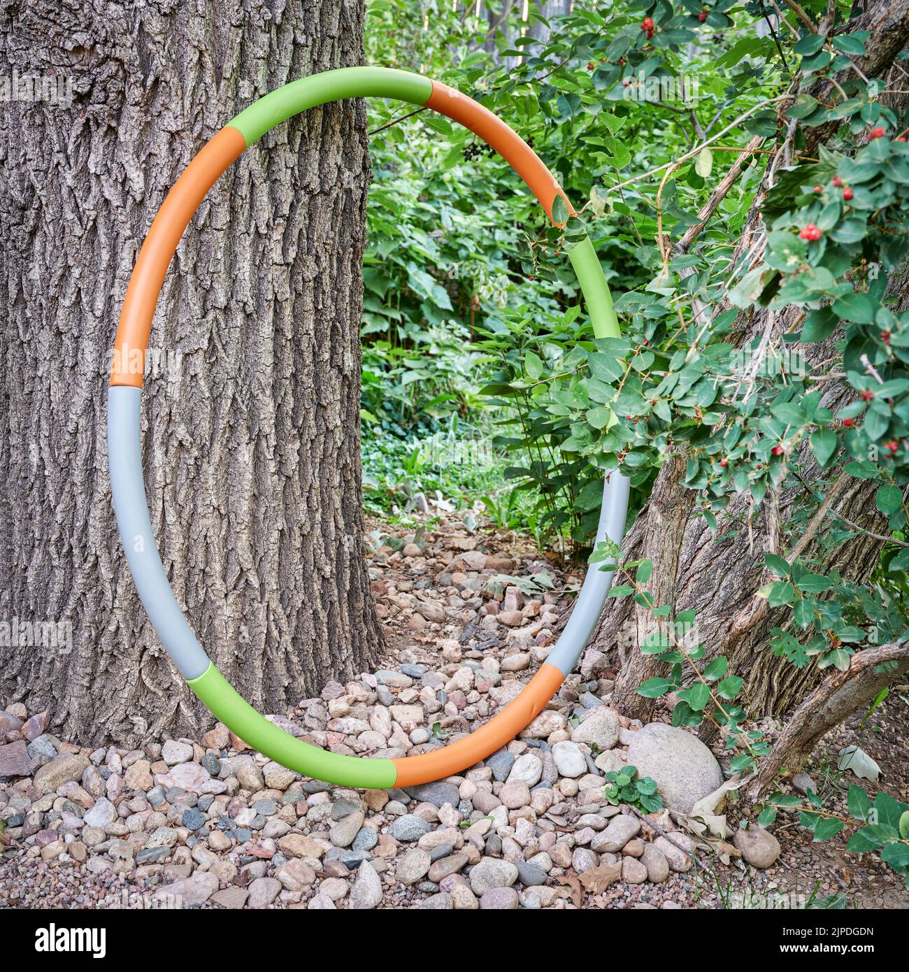 aro de hula ponderado en un patio trasero en un paisaje de verano, concepto de entrenamiento básico Foto de stock